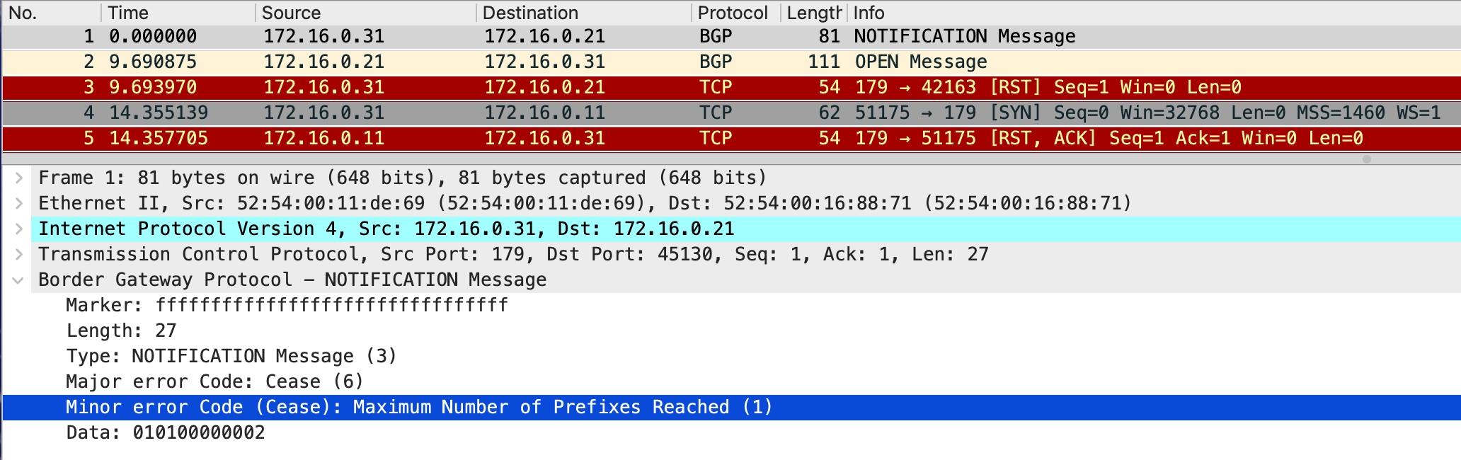 here&rsquo;s PCAP again - just OPEN messages with TCP resets in return